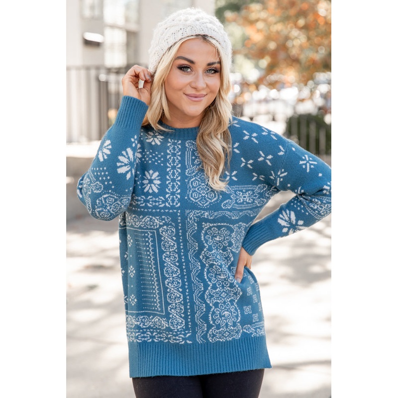 All At Once Blue Paisley Print Sweater FINAL SALE