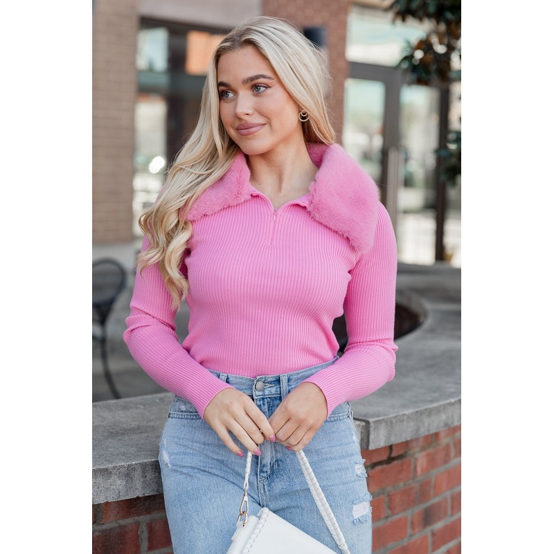 Always Be With You Pink Fur Collar Ribbed Top FINAL SALE