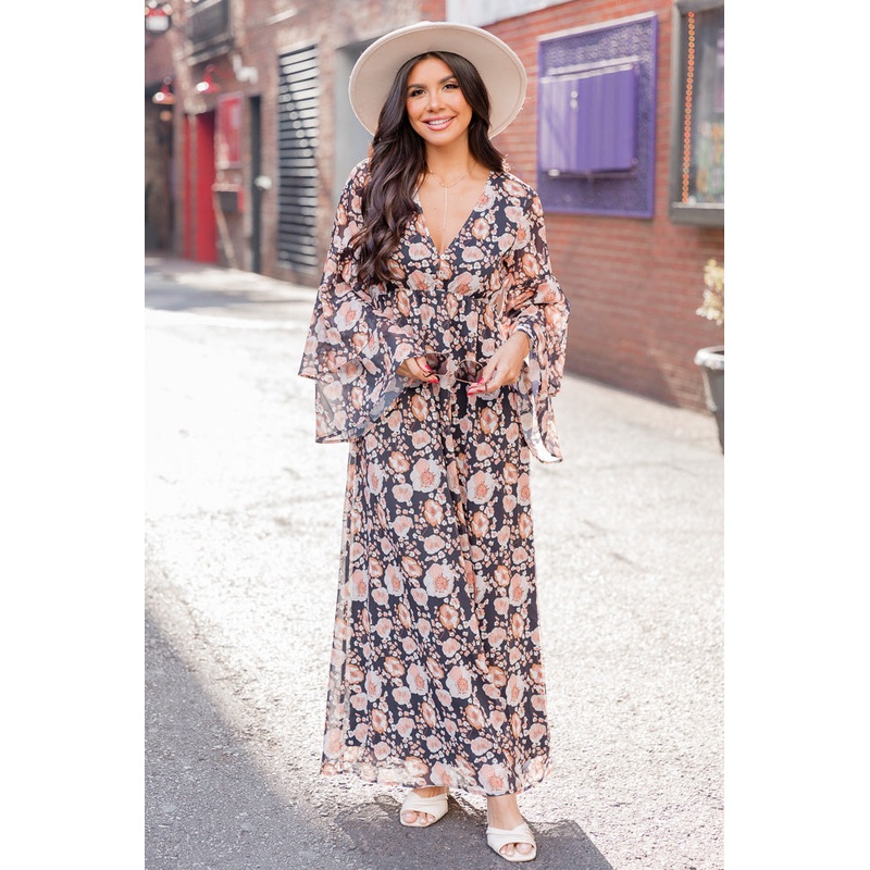 Always Coming Back Black Floral Bell Sleeve Maxi Dress FINAL SALE