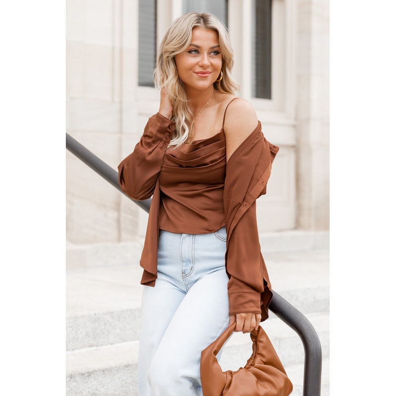 Another Day Chocolate Satin Tank and Button Front Blouse Set FINAL SALE