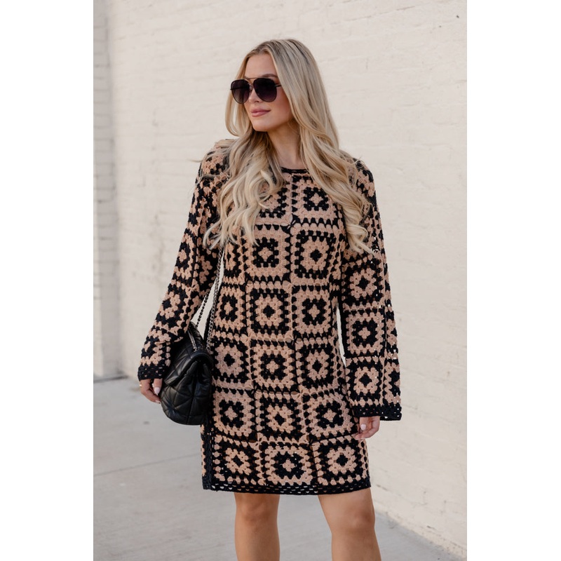 Build Courage Black and Tan Crochet Long Sleeve Lined Mini Dress FINAL SALE