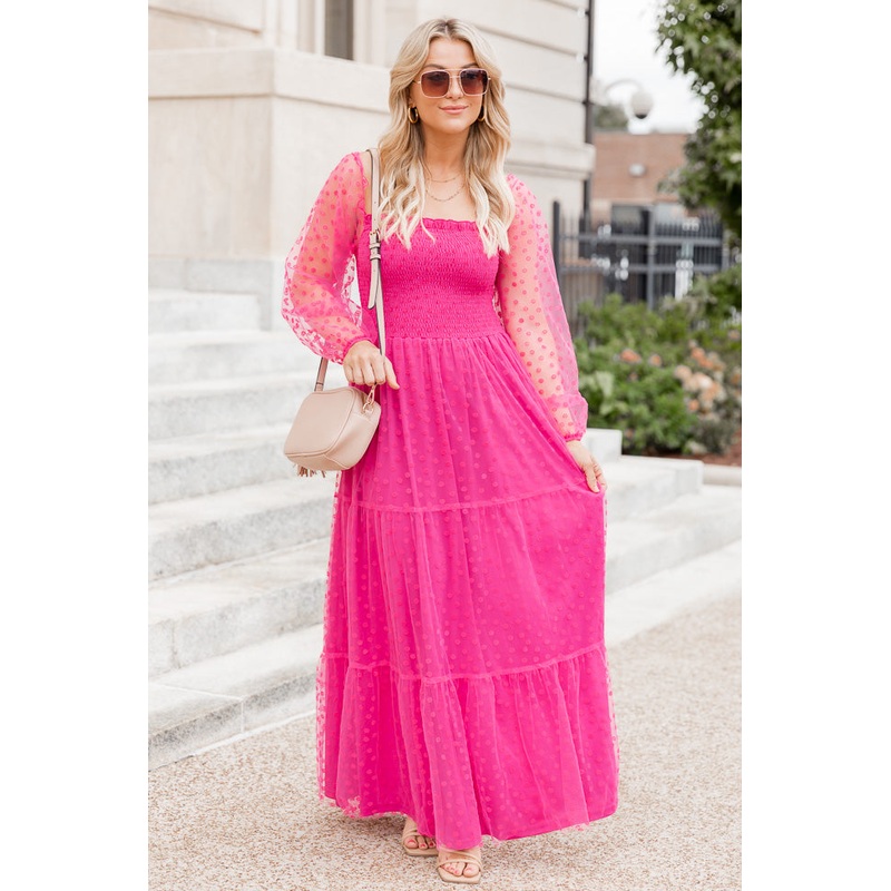 Figuring It Out Hot Pink Off The Shoulder Daisy Mesh Tiered Maxi Dress FINAL SALE