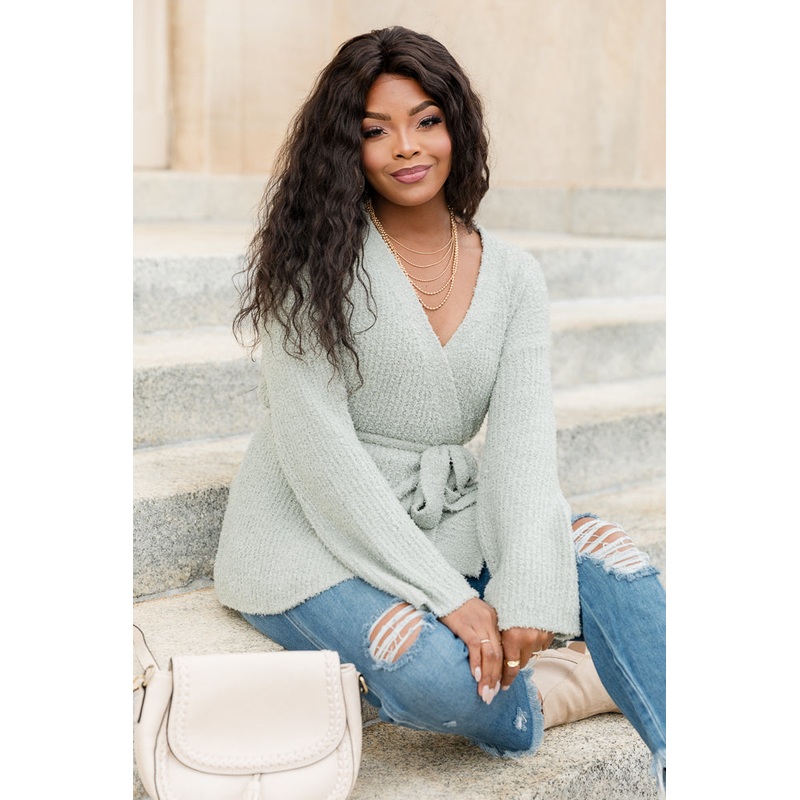 Find Your Purpose Sage Fuzzy Wrap Cardigan FINAL SALE