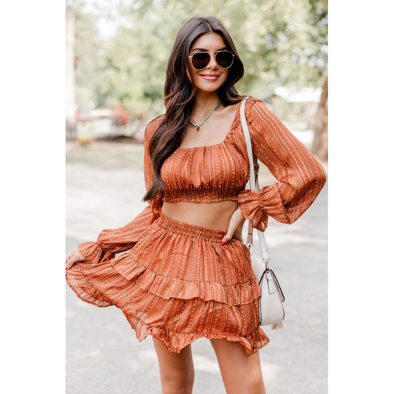 Hear Me Out Brown Multi Printed Long Sleeve Cropped Blouse FINAL SALE