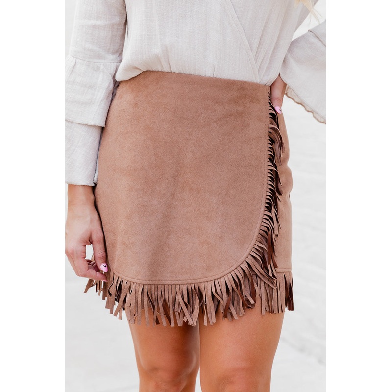 I’ll Go First Brown Fringe Hem Suede Mini Skort FINAL SALE