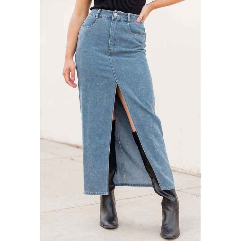 In Awe Light Wash Denim Midi Skirt FINAL SALE
