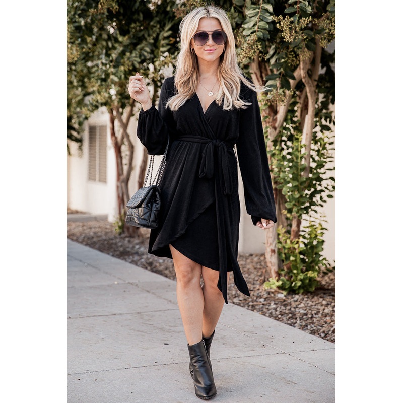 It’s Your Move Black Collared Long Sleeve Belted Wrap Dress FINAL SALE