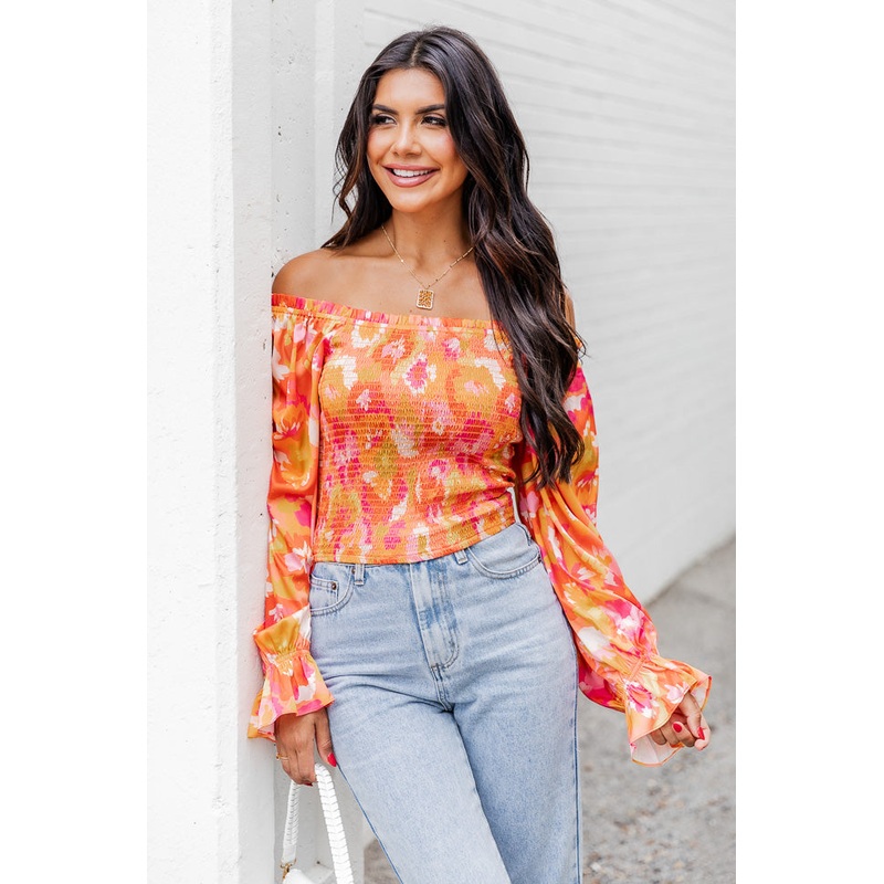 Just A Moment Orange Floral Print Off The Shoulder Blouse FINAL SALE