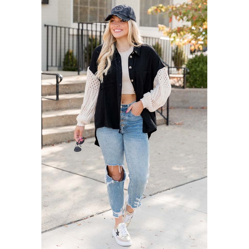 Keep Shining Black and Cream Color Block Crochet Sleeve Gauze Shacket FINAL SALE