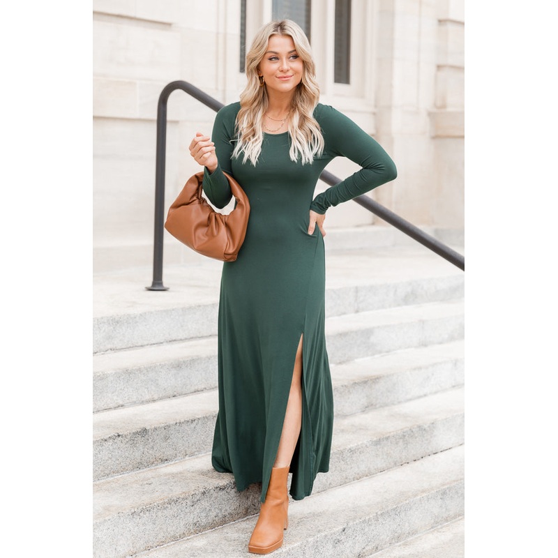 Let Me See Emerald Knit Long Sleeve Maxi Dress With Slit FINAL SALE
