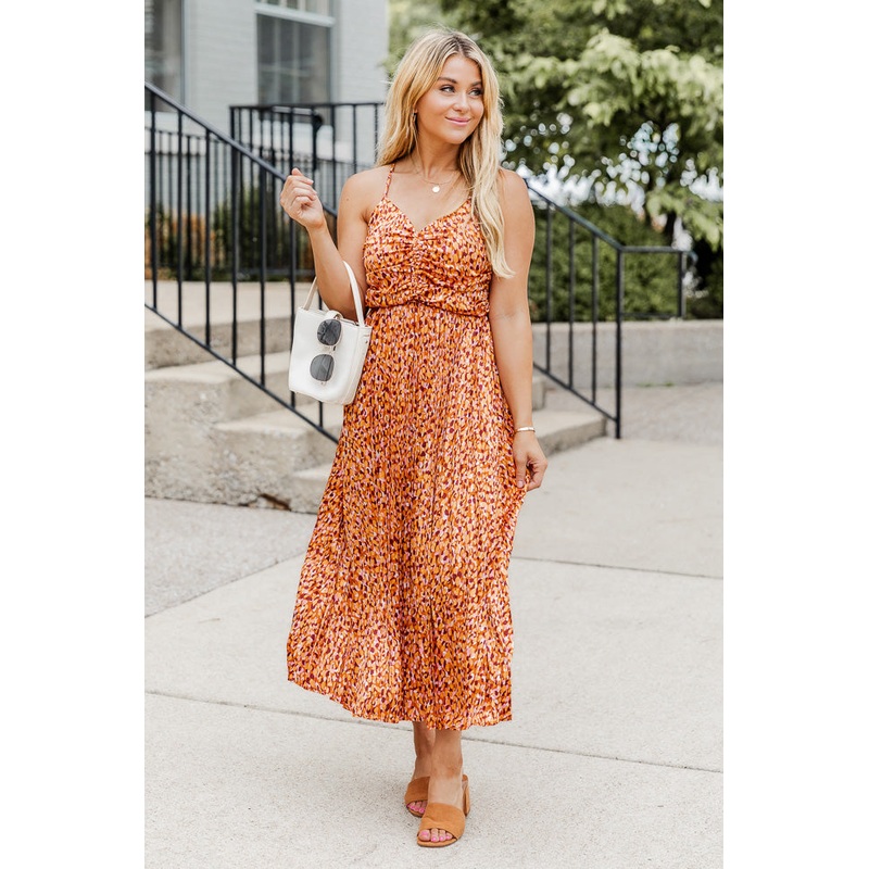Nothing You Can’t Do Orange Multi Printed Pleated Ruched Bust Midi Dress FINAL SALE