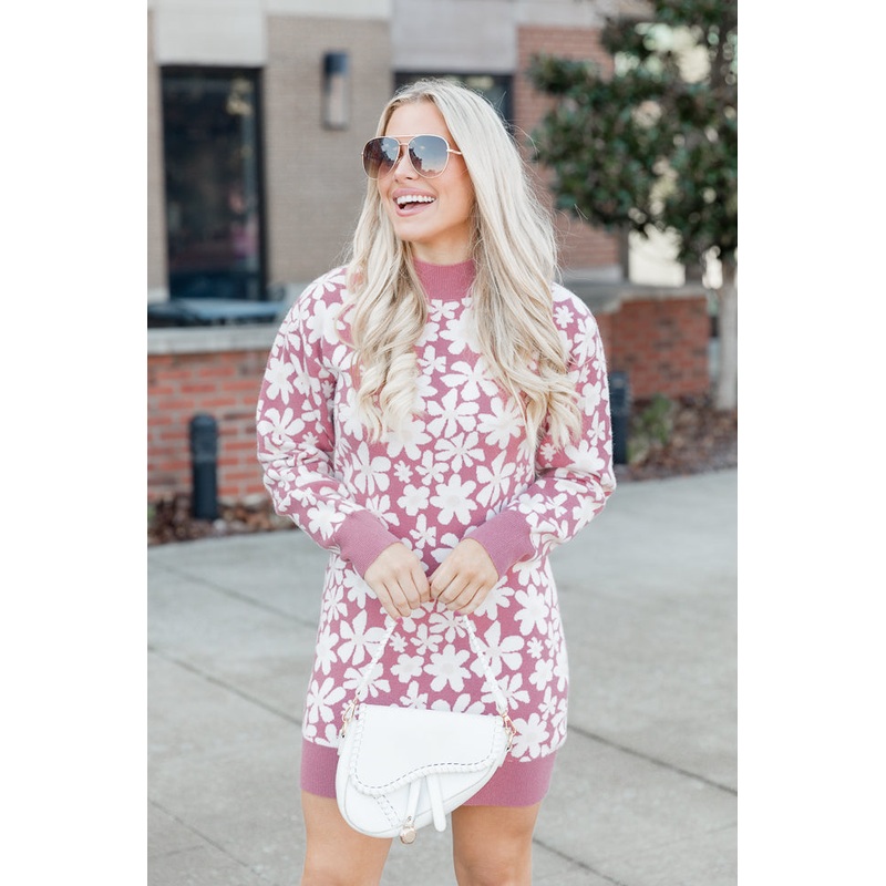 Perfect Path Mauve Floral Mock neck Sweater Dress FINAL SALE