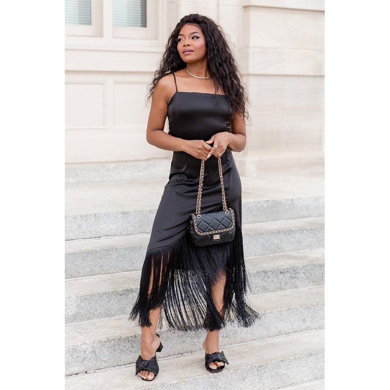 Save Myself Black Tank Fringe Trim Midi Dress FINAL SALE