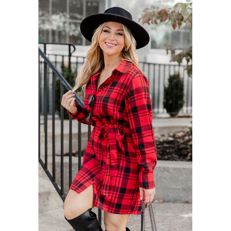 So Plaid You’re Mine Red and Black Plaid Collared Button Up Belted Mini Dress FINAL SALE