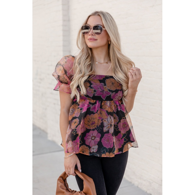 Something Beautiful Black Floral Print Tulle Blouse FINAL SALE