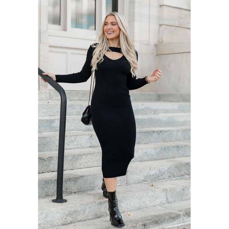 Still Night Black Long Sleeve Midi Dress FINAL SALE