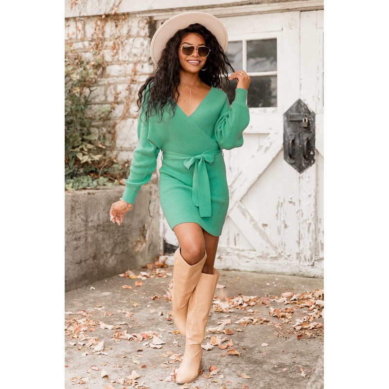 Talk of The Town Green Belted Sweater Dress FINAL SALE