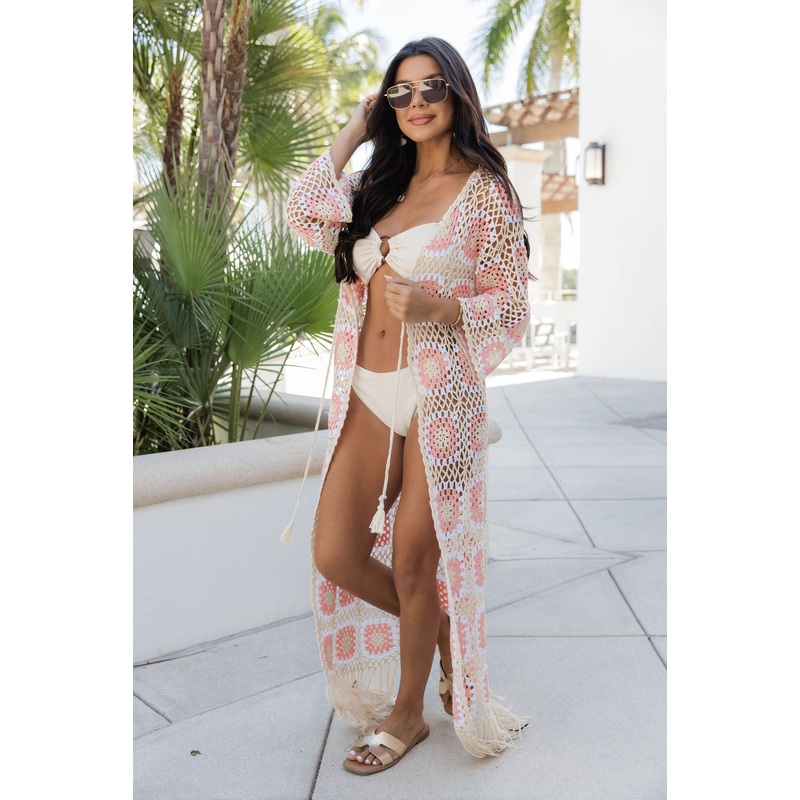 Daydreaming Away Ivory and Pink Crochet Fringe Hem Long Cardigan FINAL SALE