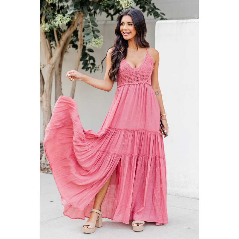 Let’s Fly Away Mauve Crochet Knit Panel Tiered Maxi Dress FINAL SALE