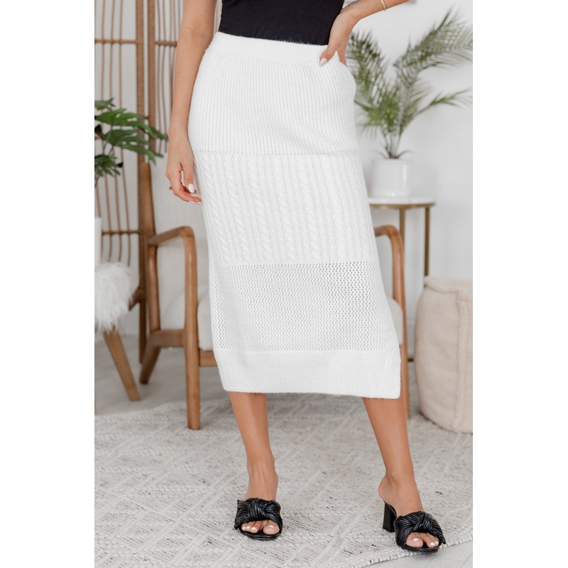 Listen Carefully Ivory Cable Knit Midi Skirt FINAL SALE
