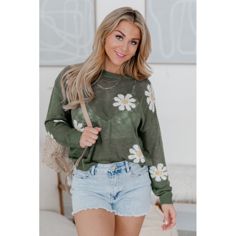 Oops-A-daisy Olive Daisy Print Sweater FINAL SALE