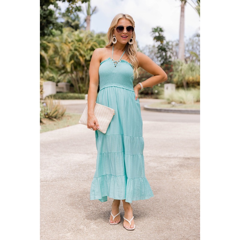 Pretty And Poised Aqua Halter Midi Dress FINAL SALE