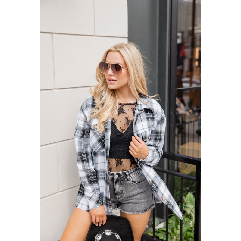 Round It Up Black and White Plaid Button Front Shirt
