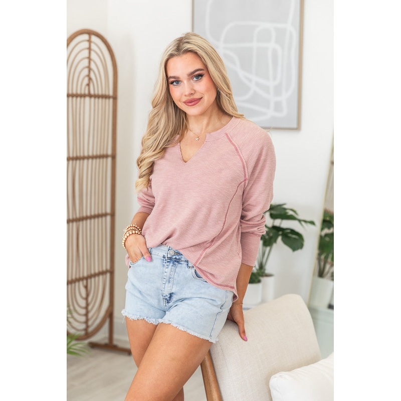 Believe In You Mauve Split V Neck Long Sleeve Top FINAL SALE