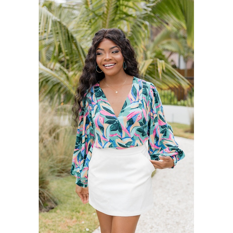 Having Mixed Feelings Teal Multi Printed Long Sleeve Bodysuit FINAL SALE