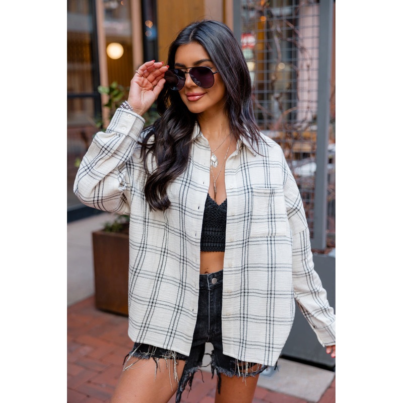 Keeping You Wild Ivory and Black Plaid Gauze Button Up Shirt