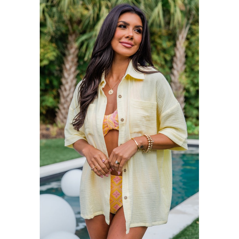 Let Me Adore You Short Sleeve Yellow Button Front Gauze Blouse