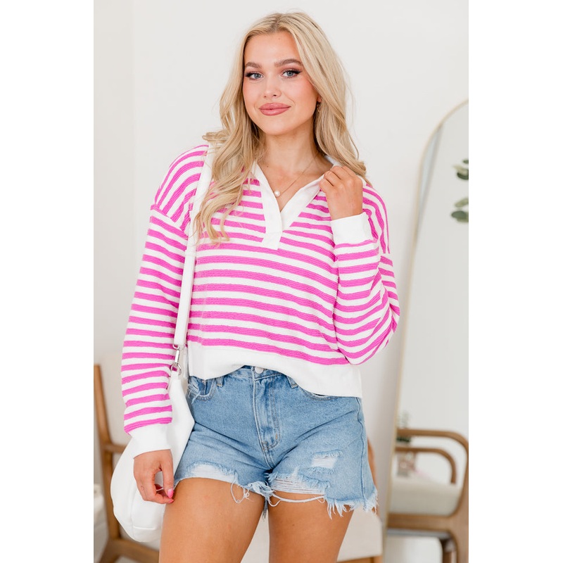 Line Up Pink Striped Collared Sweater