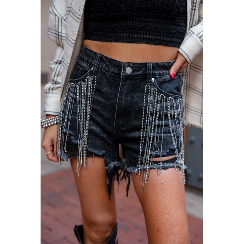On The Fringe Black Diamond Fringe Denim Shorts
