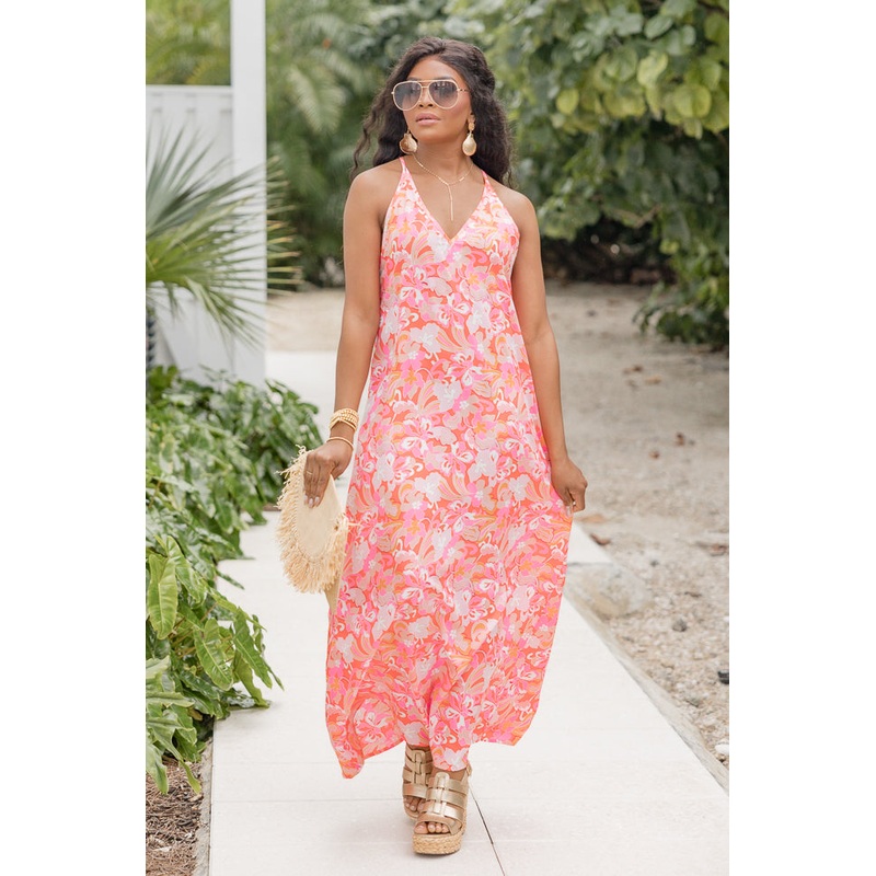 Paradise Palms Pink Satin V-Neck Maxi Dress FINAL SALE