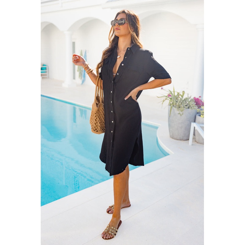 Time Heals Black Gauze Button Up Cover Up Dress FINAL SALE