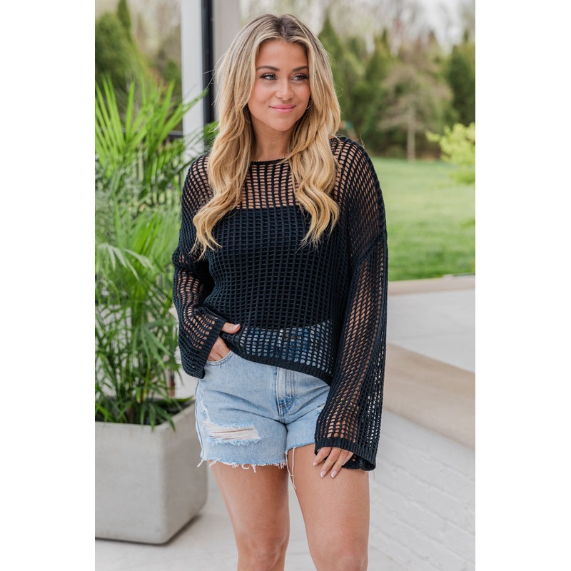 At Your Fingertips Black Open Knit Sweater FINAL SALE