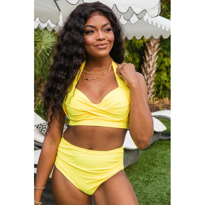 Castaway With Me Yellow Halter Neck Solid Bikini Top FINAL SALE