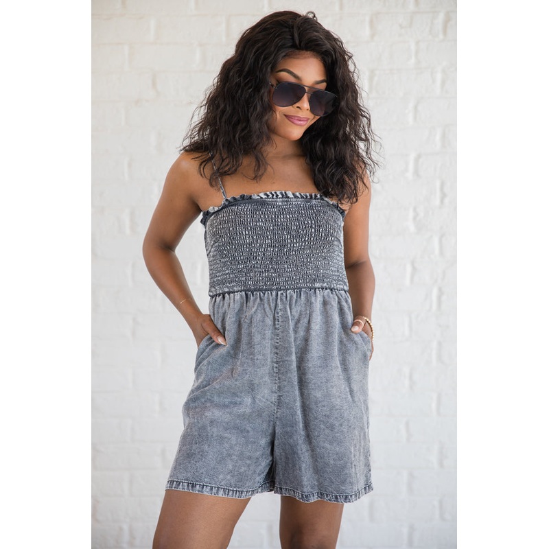 Embracing Change Grey Acid Wash Smocked Romper