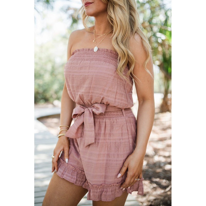 Just Visiting Mauve Strapless Flutter Hem Romper