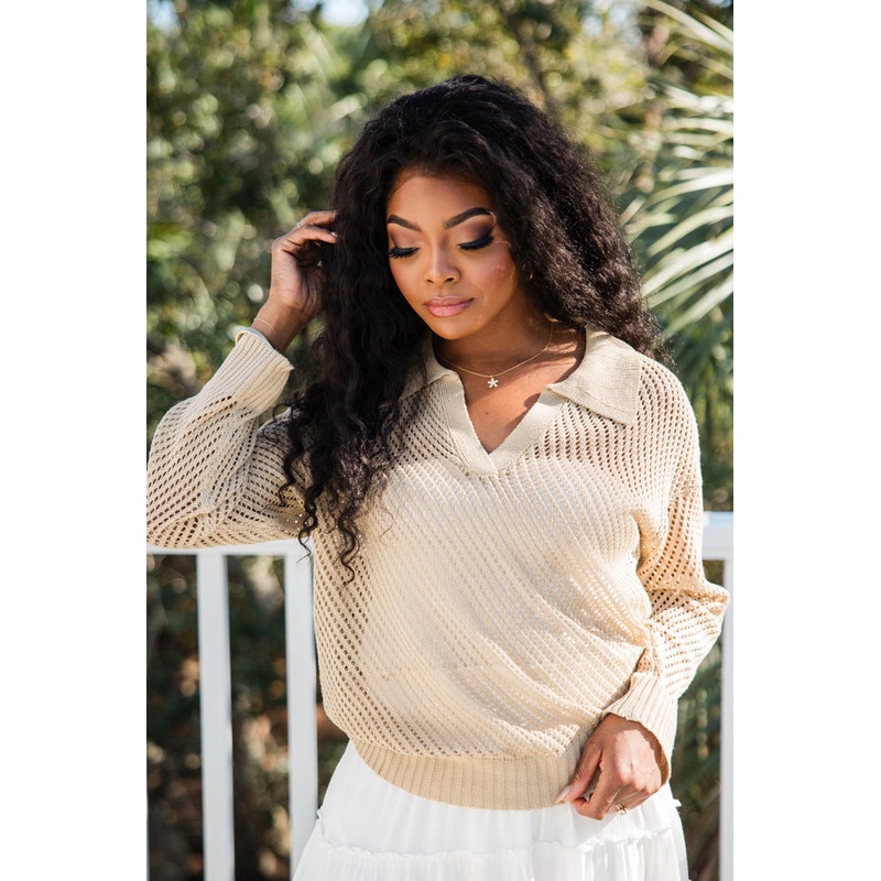 Knit Together Sand Collared Open Knit Sweater FINAL SALE