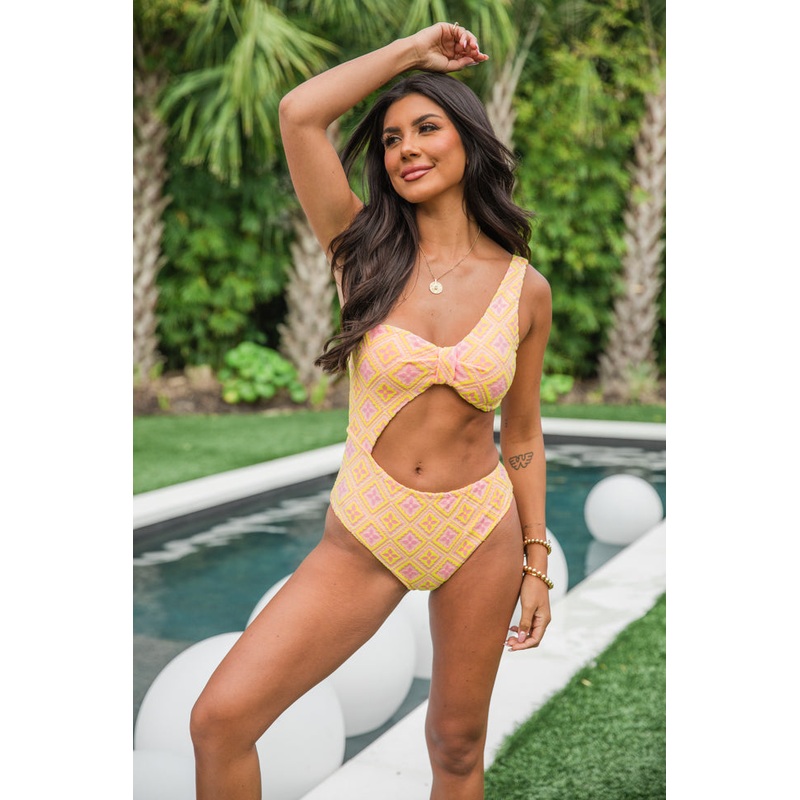 Names In The Sand Yellow And Pink Side Cutout Jacquard Swimsuit FINAL SALE