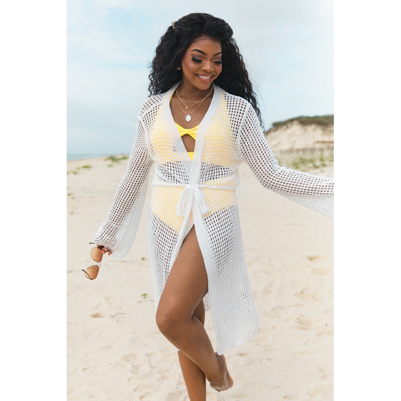 Nautical Charm Ivory Open Knit Belted Cover Up FINAL SALE