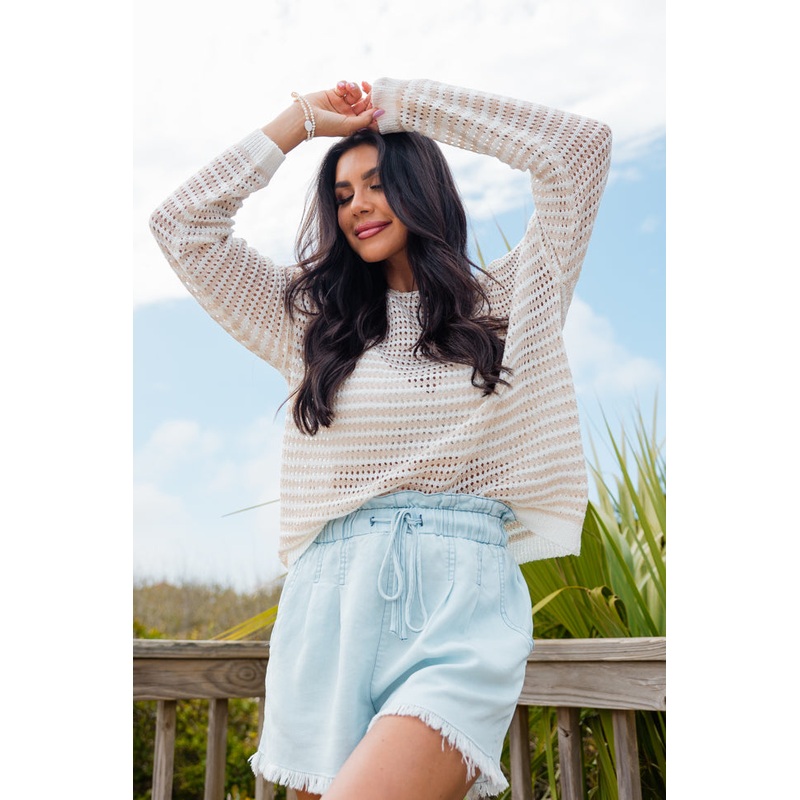 On The Coast Ivory and Beige Striped Boatneck Sweater