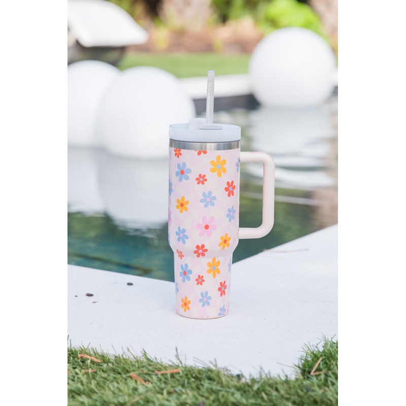 Sippin’ Pretty Summer Checkered Daisy 40 oz Drink Tumbler With Lid And Straw