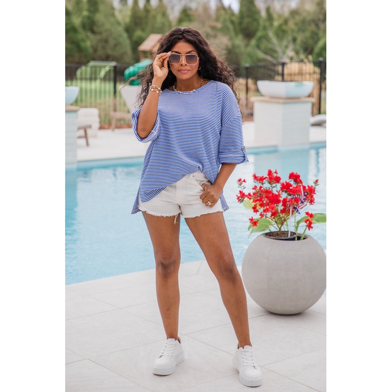 The Way To Go Navy Striped 3/4 Sleeve Ribbed T-Shirt