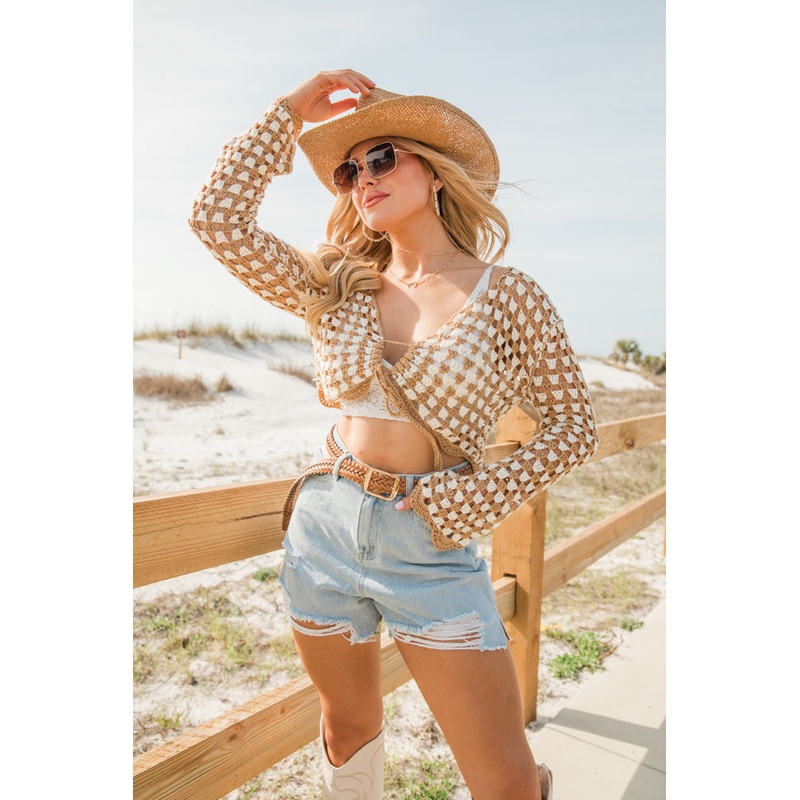 Tie That Binds Tan And Ivory Crochet Crop Long Sleeve Top FINAL SALE