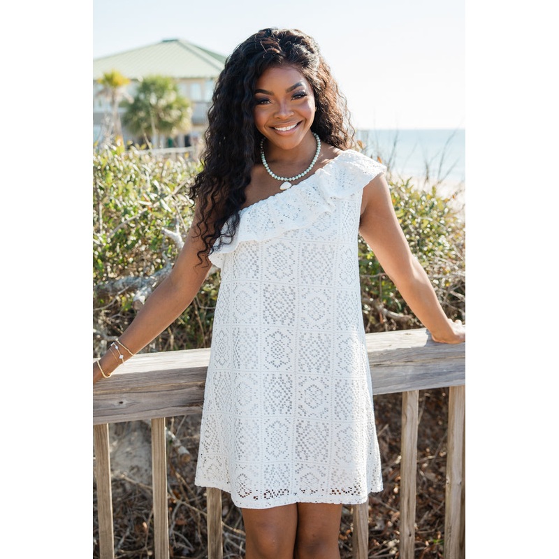 Where Memories Are Made White Crochet One Shoulder Dress