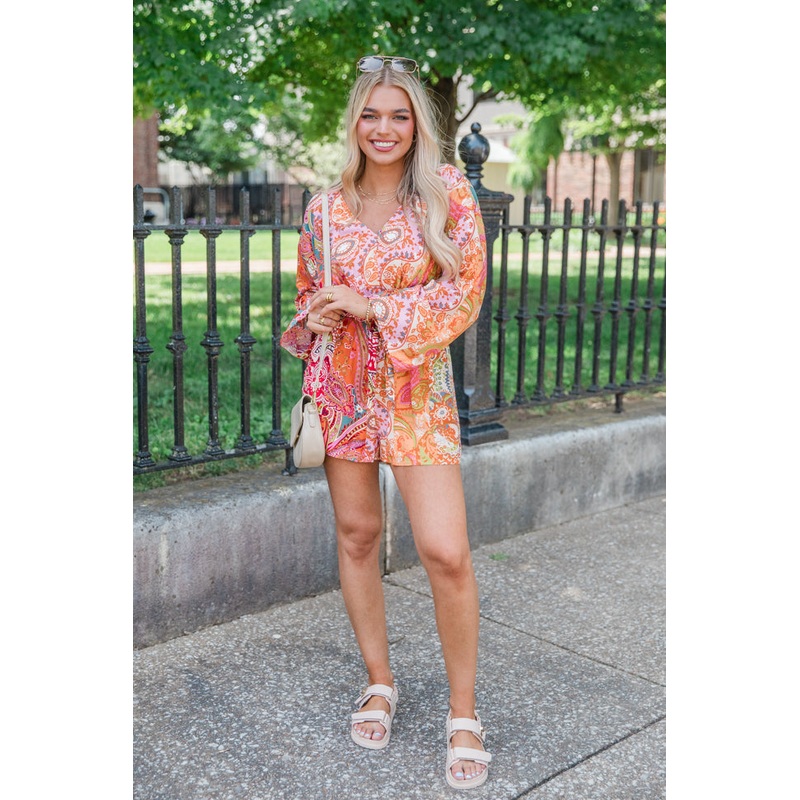 Can’t Compare Multi Paisley Tie Up Long Sleeve Romper FINAL SALE