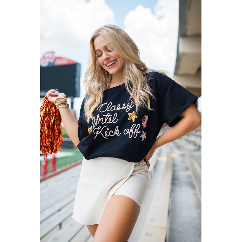 Classy Until Kick Off Black Stitched Tee FINAL SALE
