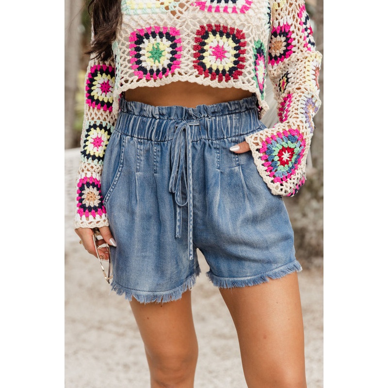 Finally Here Medium Wash Chambray Frayed Hem Shorts FINAL SALE
